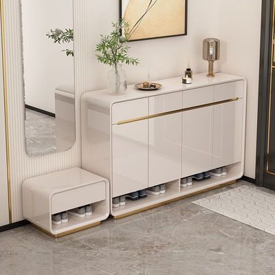 Piano vernice porta d'ingresso armadietto per scarpe con sgabello per il cambio scarpe, quattro porte e quattro cassetti